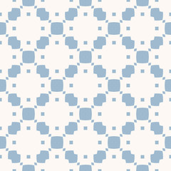 Subtle vector geometric seamless pattern with small elements, squares, rhombuses, grid. Delicate abstract white and light blue texture. Elegant minimalist repeat background. Simple vintage design