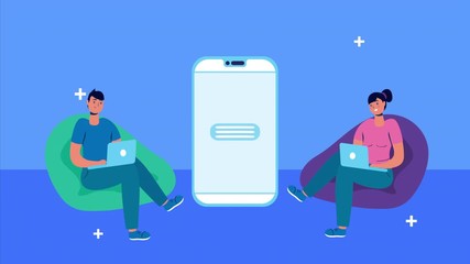 couple using laptops and smartphone with social media icons - Powered by Adobe