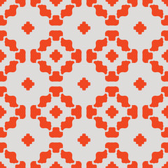 Vector floral geometric seamless pattern. Simple ornament with flower silhouettes, curved shapes, crosses, grid. Elegant background. Modern abstract texture. Neon orange and gray color. Repeat design