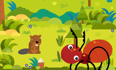 cartoon scene with different european animals in the forest illustration