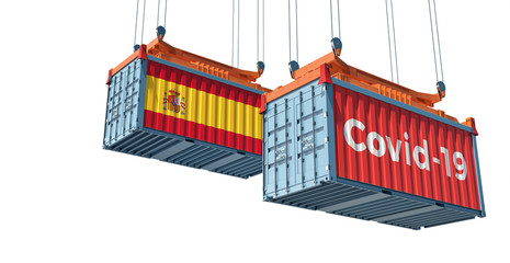 Container with Coronavirus Covid-19 text on the side and container with Spain Flag. Concept of international trade spreading the Corona virus. 3D Rendering 