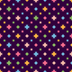 Vector geometric seamless pattern with colorful stars, small flower silhouettes, squares, diamonds, dots. Simple abstract floral ornament. Cute minimal funny background texture. Dark repeat design