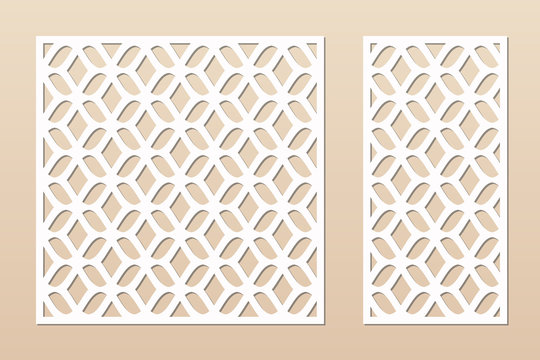 Laser cut panel. Vector template with abstract geometric pattern, grid, mesh, net, lattice ornament. Decorative stencil for laser cutting of wood, metal, plastic, engraving. Aspect ratio 1:1, 1:2