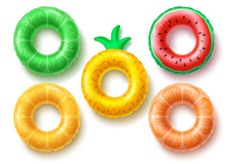 Summer swim rings fruit set vector design. Inflatable rubber toy and swimming circles with different textures and shapes isolated in white background. Vector illustration
