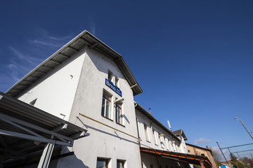 Fototapeta na wymiar Main building of Brno Dolni Nadrazi, with the name of the station in Czech, meaning 