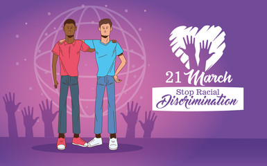 stop racism international day poster with interracial men characters