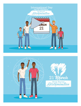 stop racism international day poster with interracial men and calendar