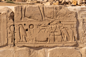 Karnak Temple, complex of Amun-Re. Embossed hieroglyphics on walls. Luxor Governorate, Egypt.