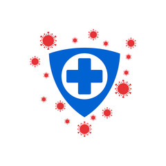 Obraz premium Coronavirus protection vector logo. Logo design of shield with medical cross inside and corona virus outside. Covid-19 shield protector. Prevention of the spread of the virus.