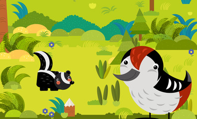 cartoon scene with different european animals in the forest illustration