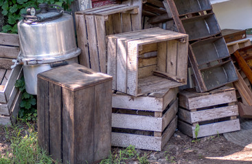 wood boxes and piles of containers