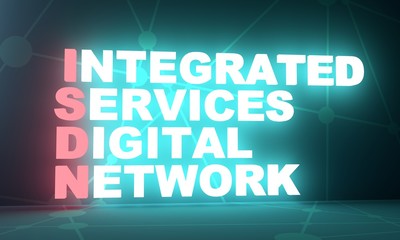 ISDN - Integrated services digital network. Technology conceptual image. 3D rendering. Neon bulb illumination