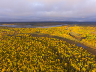 Alaska Route 3 aka George Parks Highway and Alaska landscape aerial view in fall with the morning sun light, at the south of Denali State Park at Susitna North, Alaska AK, USA.