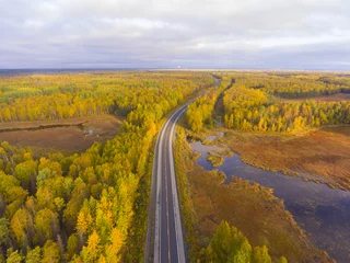 Wall murals Denali Alaska Route 3 aka George Parks Highway and Alaska landscape aerial view in fall with the morning sun light, at the south of Denali State Park at Susitna North, Alaska AK, USA.