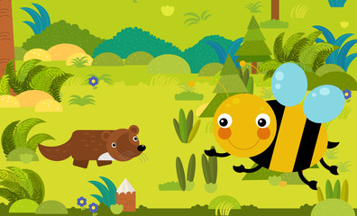 cartoon scene with different european animals in the forest illustration