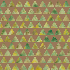 Watercolor olive triangle on brown background. Seamless pattern. Watercolor illustration. Patchwork style.