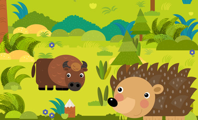 cartoon scene with different european animals in the forest illustration