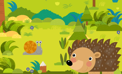 cartoon scene with different european animals in the forest illustration