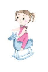 cute baby girl doll wearing beautiful cloth. Cute newborn watercolor baby. New born child illustration girl, boy painting. Baby shower isolated birthday painting card. Handmade painting.