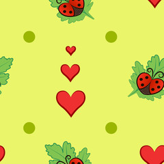pattern with ladybugs on the leaves, a repeating pattern of funny bugs on a green background, a seamless blank for children's decor, happy bugs, vegetation, hearts and mugs in the garden