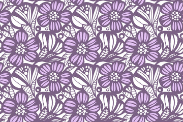 Floral background, purple carved flowers, pattern on a white background, lace from flowers and leaves, a blank for creativity, elements for texture.