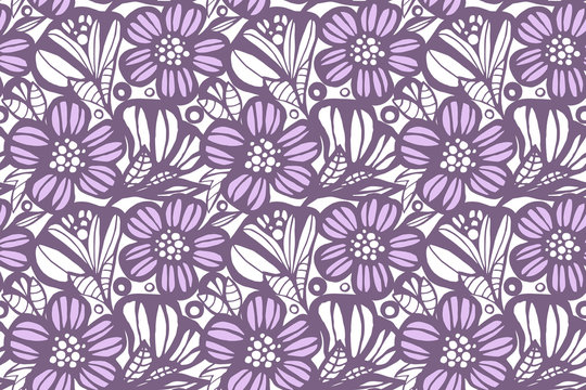 Floral background, purple carved flowers, pattern on a white background, lace from flowers and leaves, a blank for creativity, elements for texture.