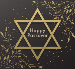 Premium happy Passover jewish lettering. Abstract vector background with the Star of David. Spring gold floral illustration