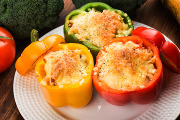 Seafood rice with cheese, stuffed peppers with rice and minced meat. .Grilled green pepper with cheese