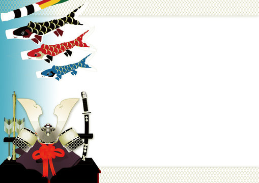  5月の端午の節句のイラスト兜に刀と矢羽の飾りに鯉のぼりの横スタイル背景素材