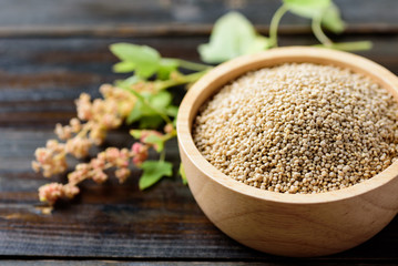 Organic raw brown quinoa seed in a bowl on wooden background, healthy food