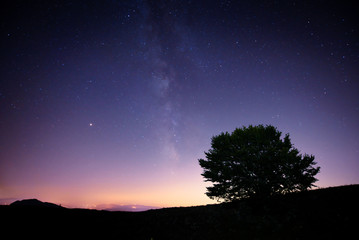Galaxy and stars above the hillside; beautiful night scene