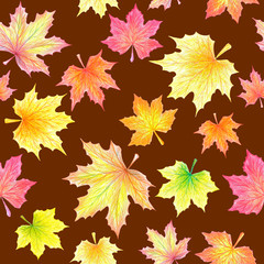 Fototapeta premium Maple leaves with colored pencils on red-brown background. Seamless pattern. Multicolor: red, orange, yellow, green. Color pencils texture.