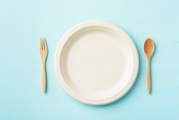 Biodegradable plate, Compostable plate or Eco friendly disposable plate with wooden spoon and fork
