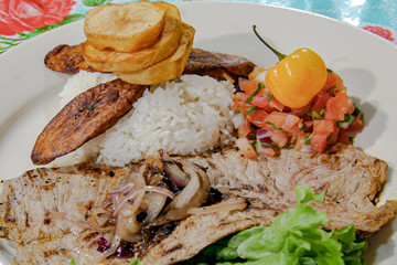 Cuban Bistec de Palomilla Steak with Onions, Plantains and Rice