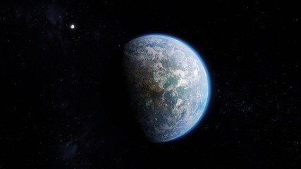 Blue and Beautiful Habitable Alien Earth Like Exoplanet with Moon in Space