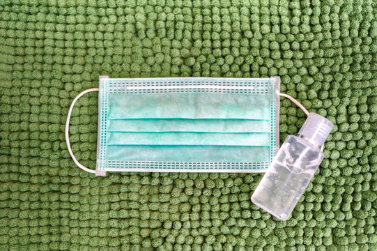 Alcohol, gel and sanitary mask for protection against virus covic 19