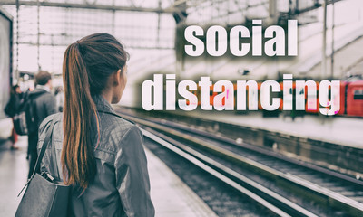 Coronavirus COVID-19 travel people crowd waiting at train station with SOCIAL DISTANCING text...