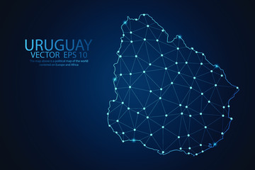 Abstract mash line and point scales on dark background with map of Uruguay. Wire frame 3D mesh polygonal network line, design sphere, dot and structure. Vector illustration eps 10.