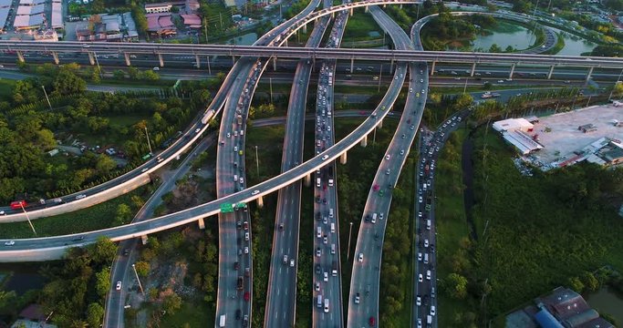 Aerial view city transport junction croos road with car movement day time