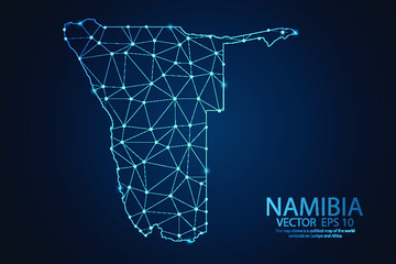 Abstract mash line and point scales on dark background with map of Namibia. Wire frame 3D mesh polygonal network line, design sphere, dot and structure. Vector illustration eps 10.