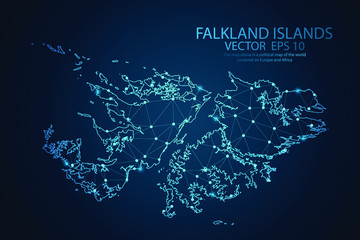 Abstract mash line and point scales on dark background with map of Falkland Islands. Wire frame 3D mesh polygonal network line, design sphere, dot and structure. Vector illustration eps 10.