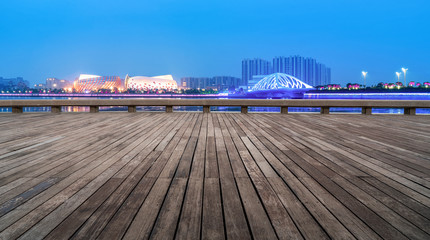 Fototapeta na wymiar Skyline of Plaza Brick Pavement and Urban Architectural Landscape of Qingdao