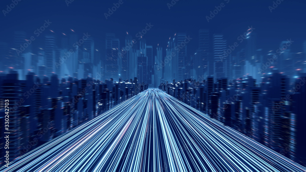 Wall mural 3d rendering of warp speed in hyper loop with blur light from buildings' lights in mega city at nigh