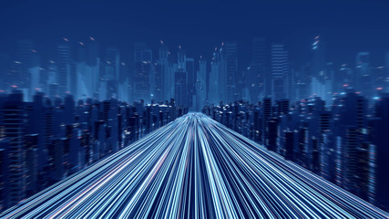 3D Rendering of warp speed in hyper loop with blur light from buildings' lights in mega city at night. Concept of next generation technology, fin tech, big data, 5g fast network, machine learning