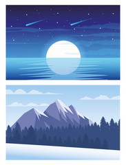beautiful landscapes with mountains and sea moon sunrise scenes