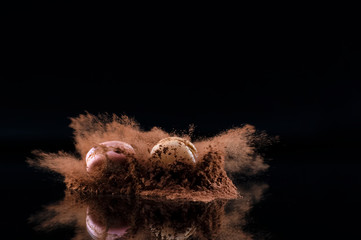 Explosion of cocoa powder with two macarons