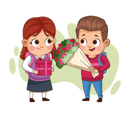 couple of little students kids with flowers bouquet