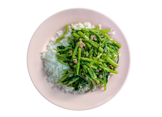 Top view of Stir Fry Water Spinach and topping on rice.