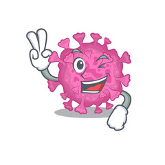 Cheerful corona virus organic mascot design with two fingers