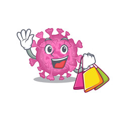 Happy rich corona virus organic mascot design waving and holding Shopping bag